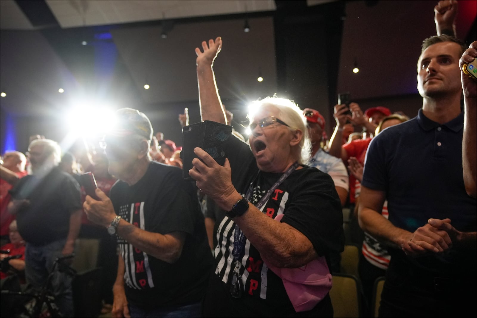 Supporters cheer as Republican presidential nominee former President Donald Trump speaks at a campaign event Saturday, Sept. 28, 2024, in Prairie du Chien, Wis. (AP Photo/Morry Gash)