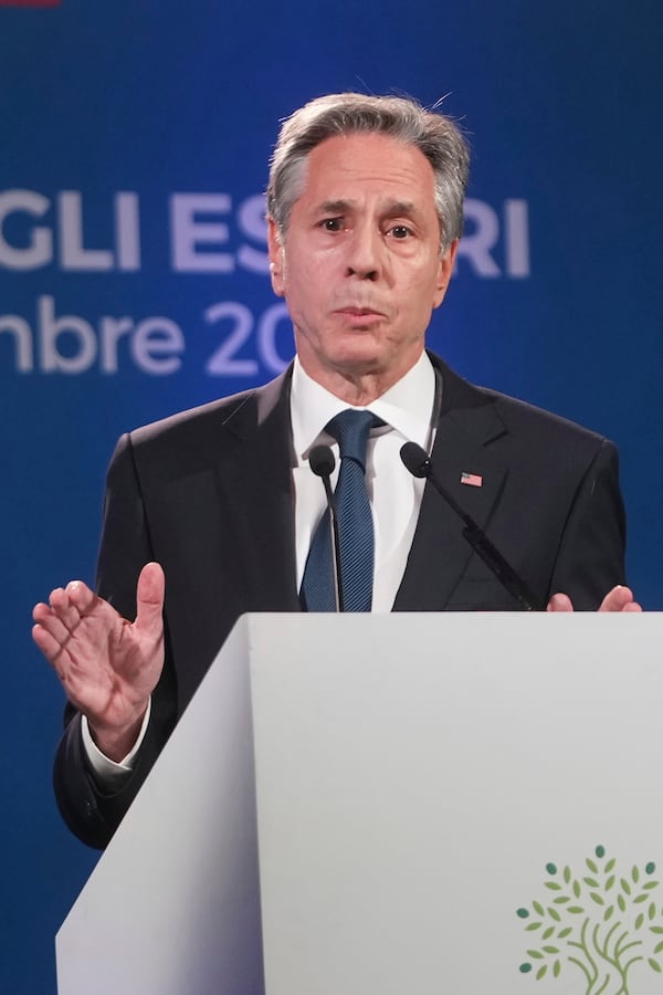 U.S. Secretary of State Antony Blinken holds a press conference at the end of the G7 of foreign Ministers in Fiuggi, some 70 kilometers south-east of Rome, Tuesday, Nov. 26, 2024. (AP Photo/Alessandra Tarantino, Pool)