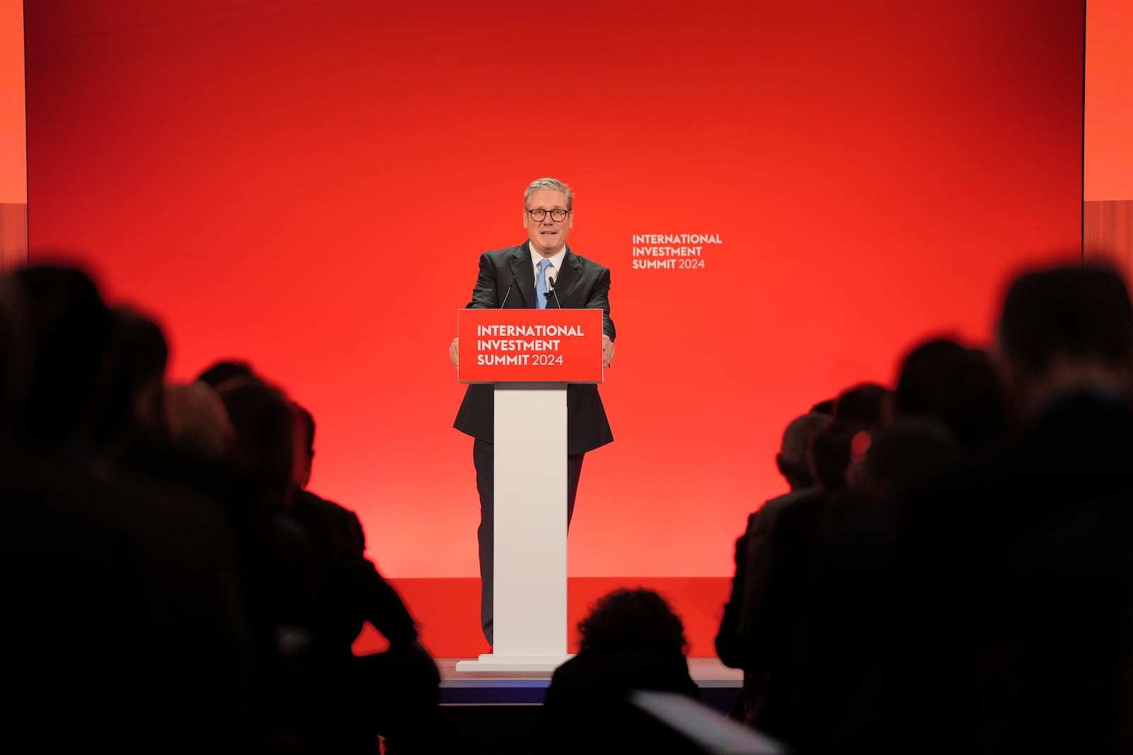 Britain's Prime Minister Keir Starmer speaks during the International Investment Summit in London, Monday, Oct. 14, 2024. (Jonathan Brady/Pool Photo via AP)