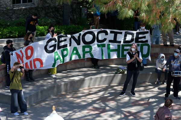 FILE - Students gather on the UCLA campus to protest the Israel-Hamas war, Monday, April 29, 2024, in Los Angeles. (AP Photo/Damian Dovarganes, File)