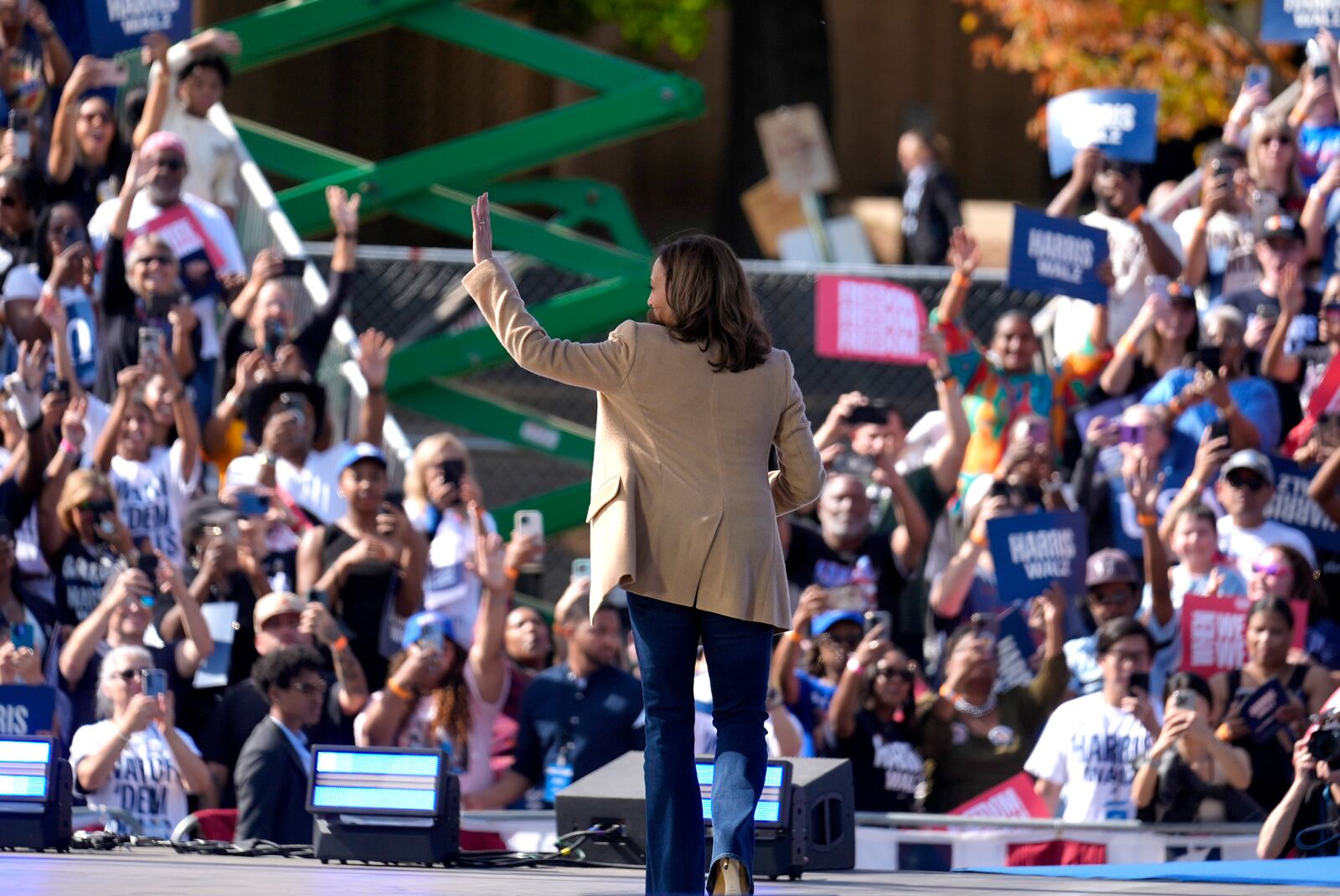 Democratic presidential nominee Vice President Kamala Harris departs after speaking during a campaign rally outside the Atlanta Civic Center, Saturday, Nov. 2, 2024. (AP Photo/Brynn Anderson)