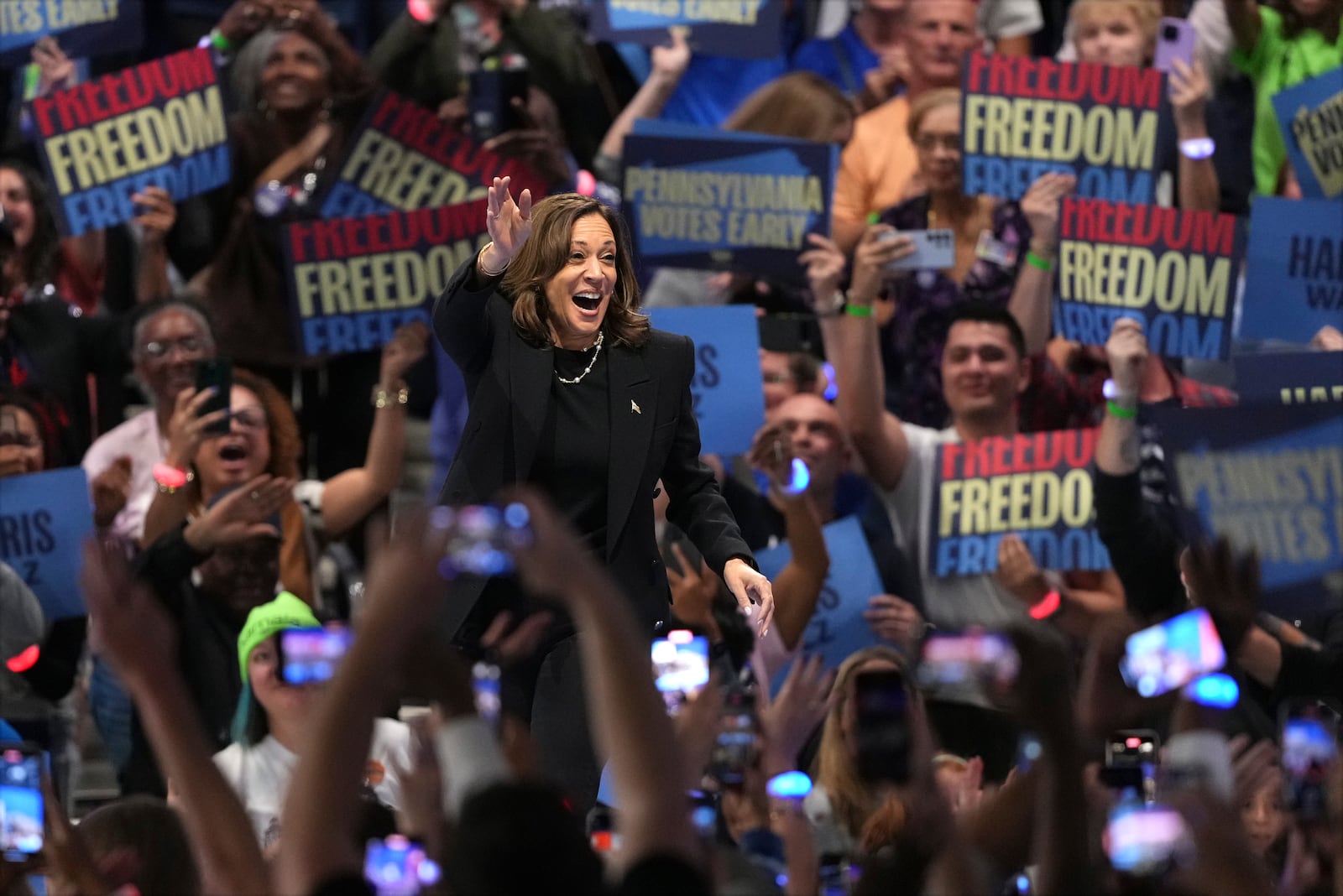 Democratic presidential nominee Vice President Kamala Harris arrives at a campaign event at the PA Farm Show Complex and Expo Center, Wednesday, Oct. 30, 2024, in Harrisburg, Pa. (AP Photo/Matt Slocum)