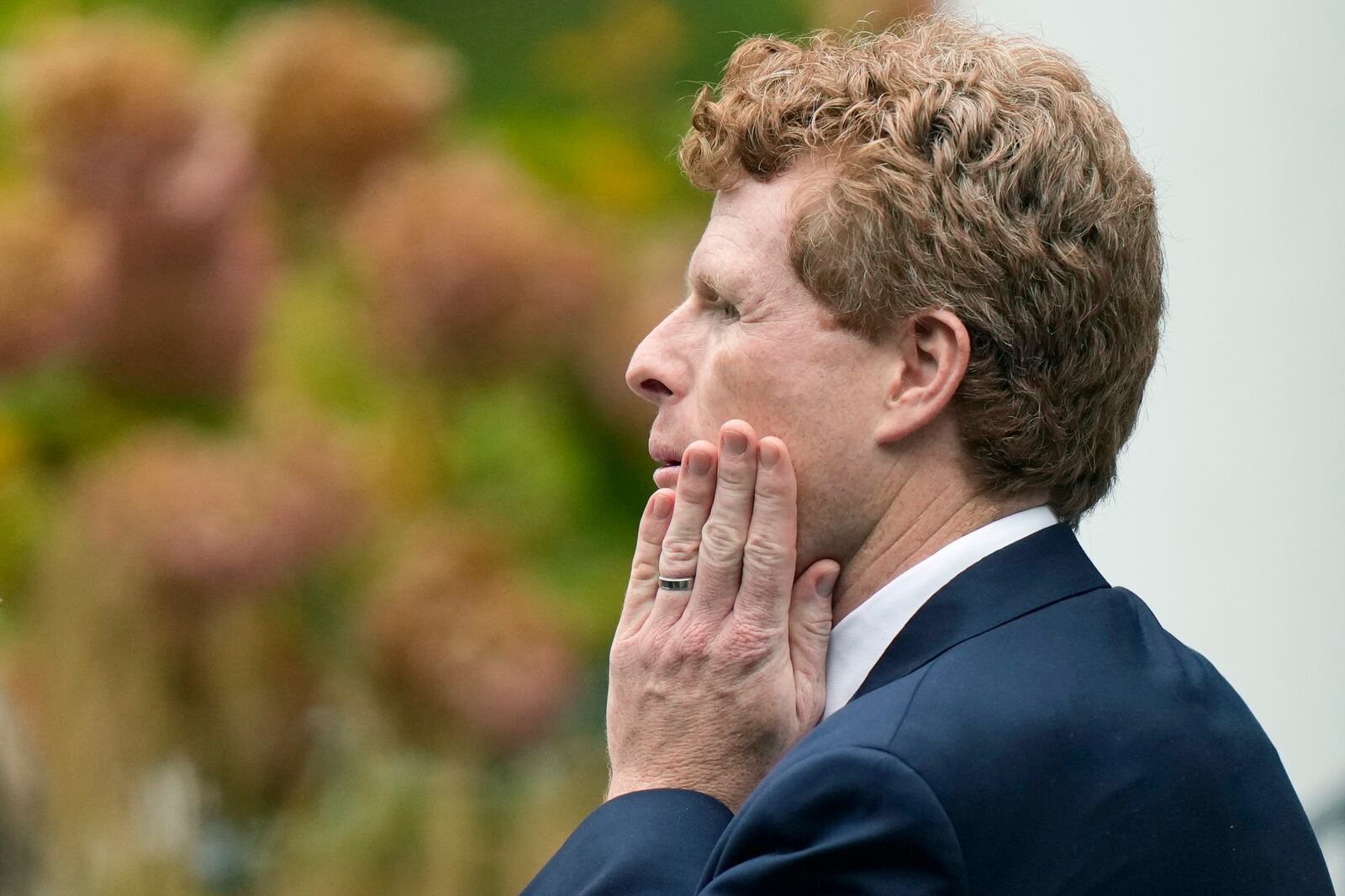 Joseph Kennedy III, grandson of Ethel Kennedy, pauses on the steps of Our Lady of Victory church following funeral services for Ethel Kennedy, Monday, Oct. 14, 2024, in Centerville, Mass. (AP Photo/Steven Senne)