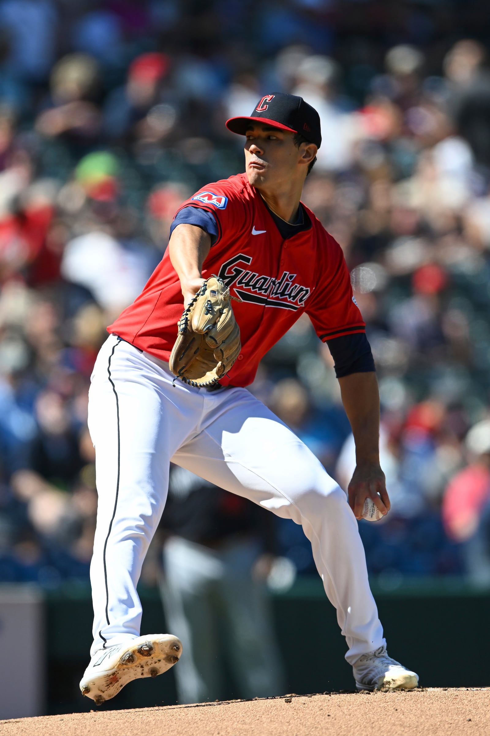 Cleveland Guardians starting pitcher Joey Cantillo delivers during the first inning of a baseball game against the Minnesota Twins, Thursday, Sept. 19, 2024, in Cleveland. (AP Photo/Nick Cammett)