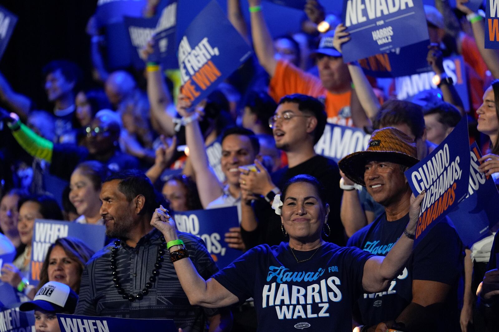 Attendees cheer during a rally for Democratic presidential nominee Vice President Kamala Harris on Sunday, Sept. 29, 2024, in Las Vegas. (AP Photo/Carolyn Kaster)