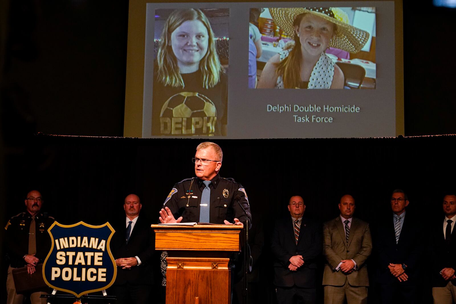 FILE - Indiana State Police Superintendent Doug Carter announces during a news conference in Delphi, Ind., Oct. 31, 2022, the arrest of Richard Allen for the murders of two teenage girls killed in 2017. Allen's trial is scheduled to begin Oct. 14, 2024. (AP Photo/Michael Conroy, File)