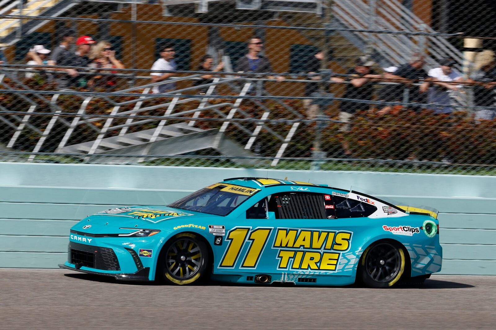 Denny Hamlin drives on track during the NASCAR Cup Series auto race at Homestead-Miami Speedway in Homestead, Fla., Sunday, Oct. 27, 2024. (AP Photo/Terry Renna)