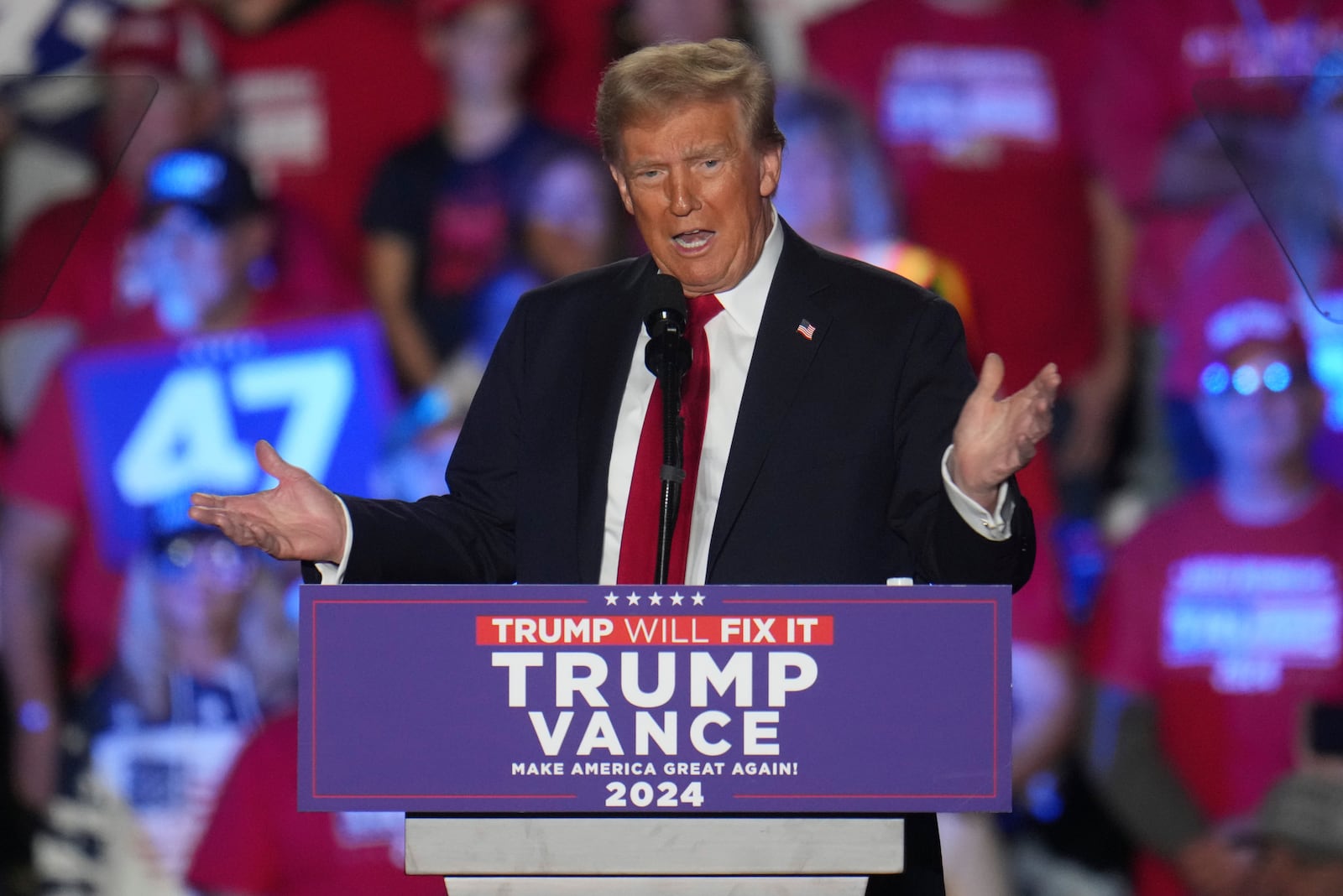 Republican presidential nominee former President Donald Trump speaks at a campaign rally at Macomb Community College Friday, Nov. 1, 2024, in Warren, Mich. (AP Photo/Paul Sancya)