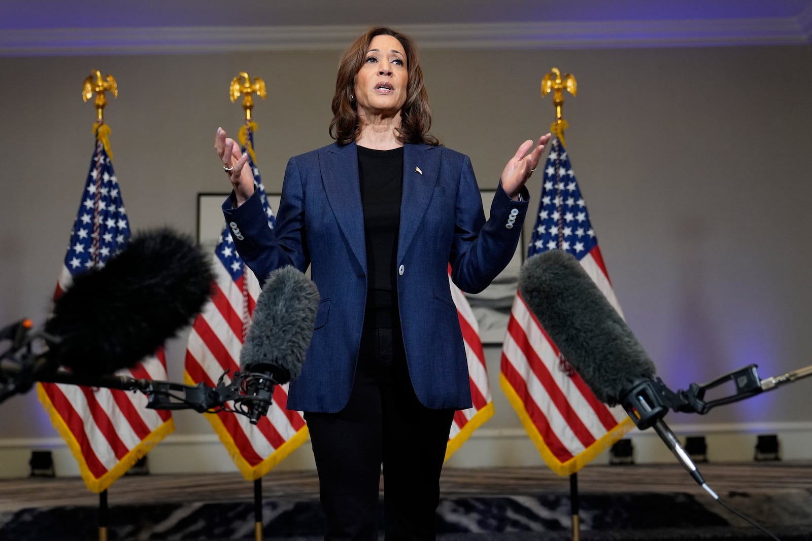 Democratic presidential nominee Vice President Kamala Harris speaks to reporters in Houston, Friday, Oct. 25, 2024. (AP Photo/Susan Walsh)