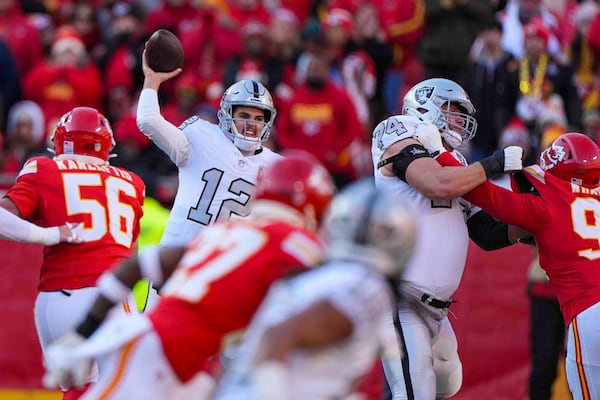 Las Vegas Raiders quarterback Aidan O'Connell (12) throws against the Kansas City Chiefs during the first half of an NFL football game in Kansas City, Mo., Friday, Nov. 29, 2024. (AP Photo/Charlie Riedel)