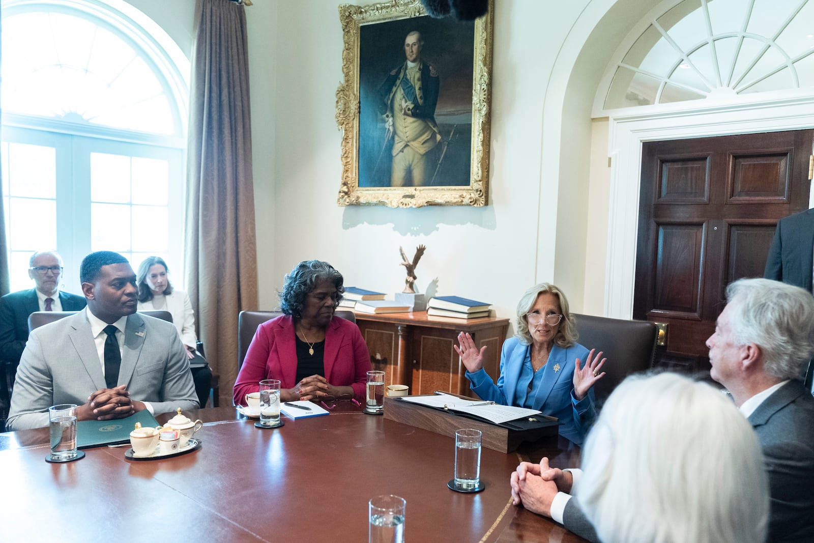 First lady Jill Biden, third from left, speaks during a cabinet meeting presided over by President Joe Biden, in the Cabinet Room of the White House, Friday, Sept. 20, 2024. (AP Photo/Manuel Balce Ceneta)