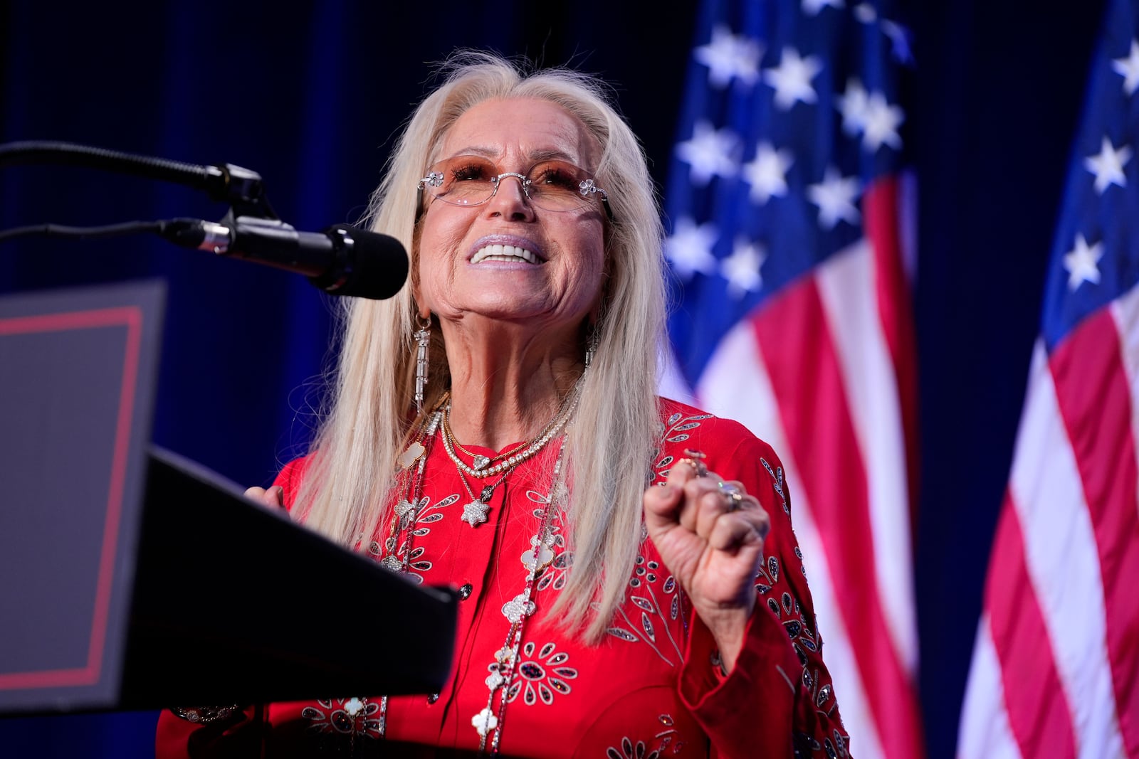 Dr. Miriam Adelson introduces Republican presidential candidate former President Donald Trump during a "Fighting Anti-Semitism in America" event, Thursday, Sept. 19 2024, in Washington. (AP Photo/Evan Vucci)