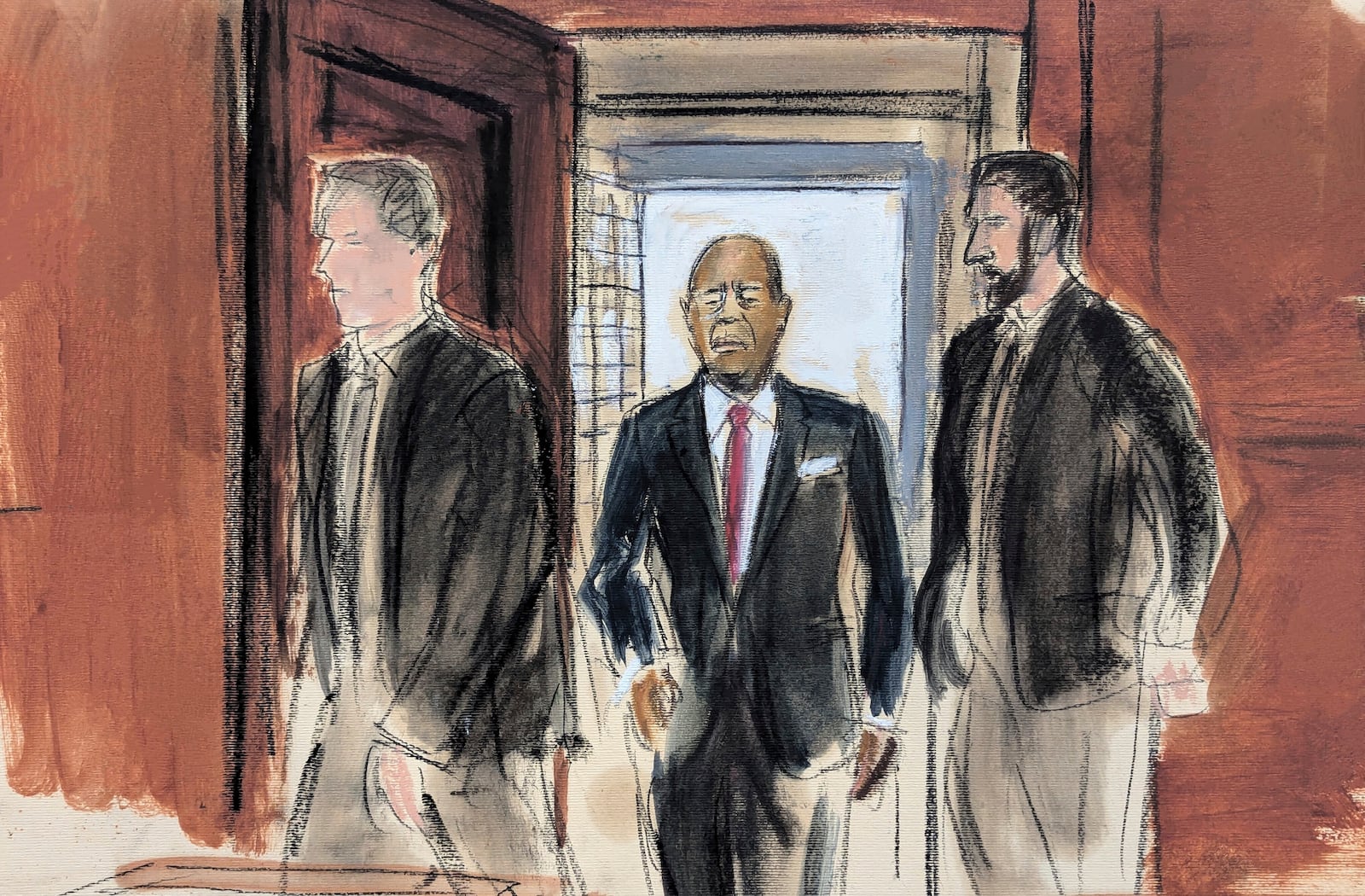 New York City Mayor Eric Adams, walks out of lock-up flanked by two U.S. Marshals before appearing in Manhattan federal court, Friday, Sept. 27, 2024, in New York. (Elizabeth Williams via AP)