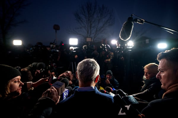 Calin Georgescu independent candidate in the presidential elections speaks to media, in Izvorani, Romania, Tuesday, Nov. 26, 2024, after making it into the December 8 election runoff. (AP Photo/Andreea Alexandru)