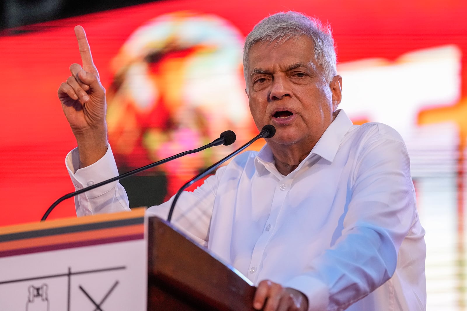 Sri Lanka's president Ranil Wickremesinghe speaks during a public rally in Colombo, Sri Lanka, on Aug. 28, 2024. (AP Photo/Eranga Jayawardena)