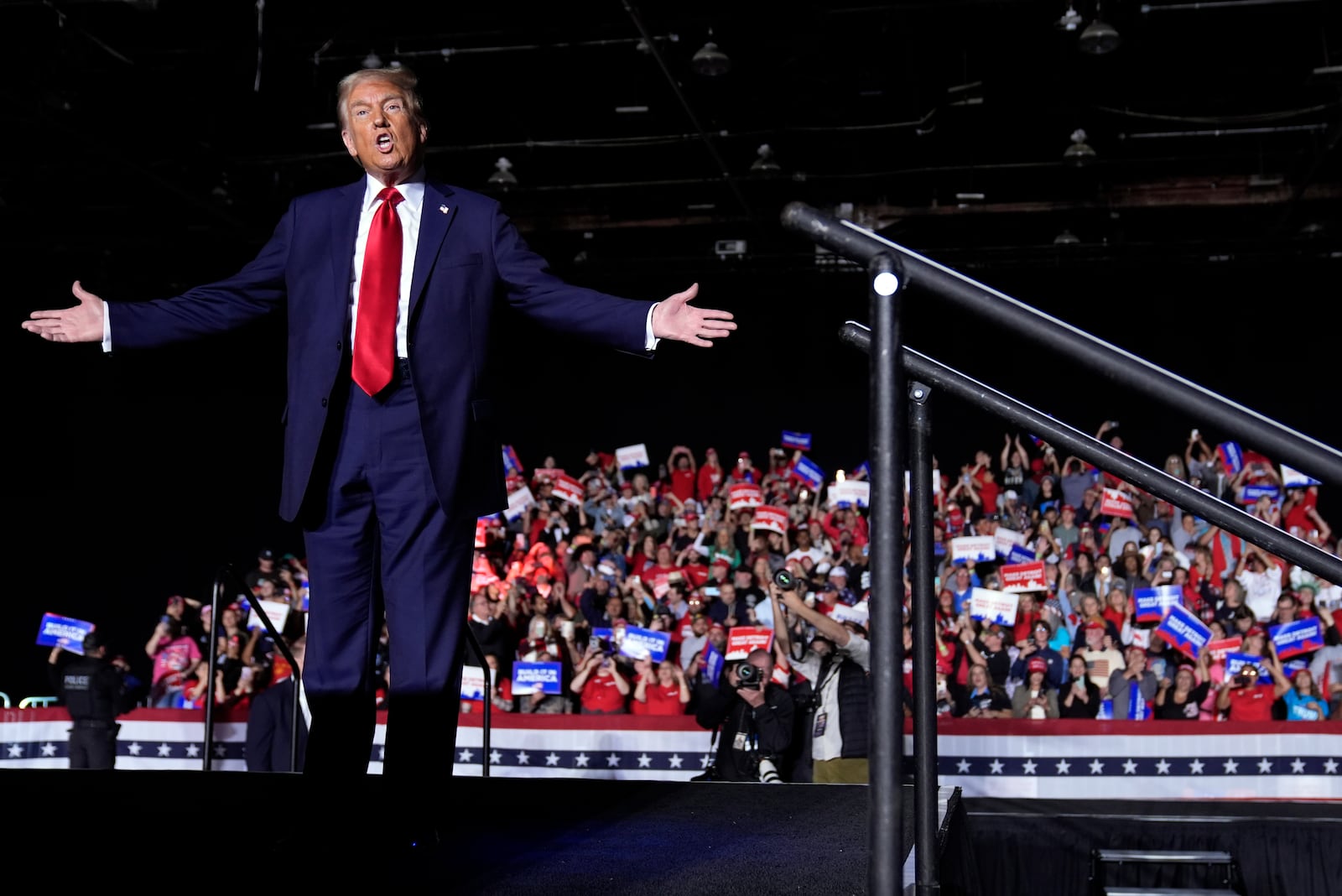 Republican presidential nominee former President Donald Trump arrives at a campaign rally, Friday, Oct. 18, 2024, in Detroit. (AP Photo/Evan Vucci)