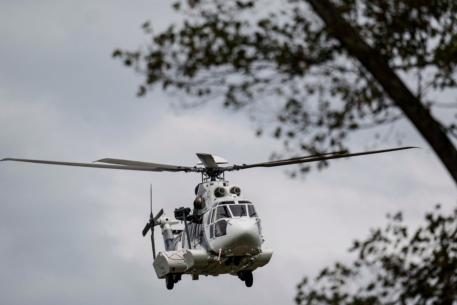 A medical helicopter takes off near downtown in the aftermath of Hurricane Helene, Monday, Sept. 30, 2024, in Ashville, N.C. (AP Photo/Mike Stewart)