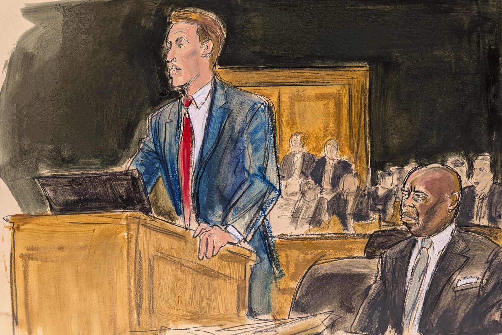 In this courtroom sketch, New York Mayor Eric Adams' defense attorney Alex Spiro, left, speaks at the podium as Adams is seated at right at the defense table during a hearing in Manhattan federal court, Wednesday, Oct. 2, 2024, in New York. (Elizabeth Williams via AP)