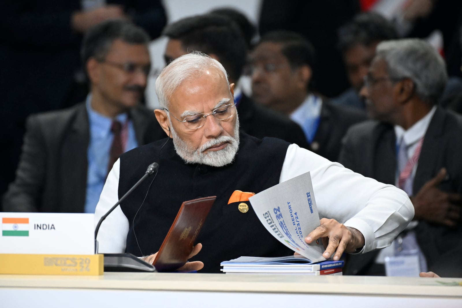 Indian Prime Minister Narendra Modi attends BRICS Summit extended format session in Kazan, Russia, Wednesday, Oct. 23, 2024. (Alexander Nemenov, Pool Photo via AP)