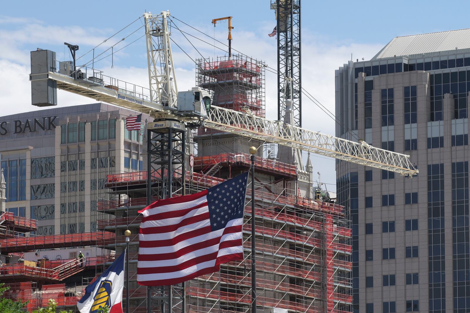 A view of the ongoing Temple Square renovation project, showing the Salt Lake Temple enveloped in scaffolding, is seen on June 17, 2024, in Salt Lake City. (AP Photo/Rick Bowmer)