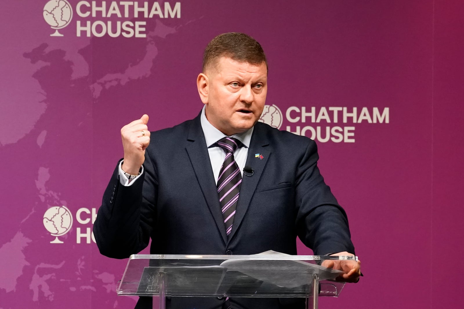 Ukraine Ambassador to UK, Valerii Zaluzhnyi, speaks at a Chatham House event in London, Thursday, Oct. 17, 2024. (AP Photo/Alberto Pezzali)