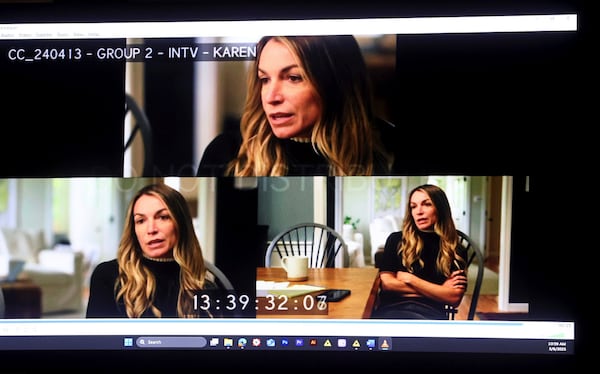 Evidence video of Karen Read being interviewed by a TV station, shown during the Karen Read trial, Tuesday, May 6, 2025, in Dedham, Mass. (Matt Stone/The Boston Herald via AP, Pool)