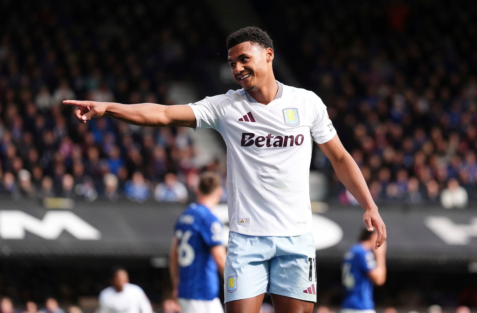 Aston Villa's Ollie Watkins celebrates scoring his side's second goal during the British Premier League soccer match between Ipswich Town and Aston Villa at Portman Road, Ipswich, England, Sunday Sept. 29, 2024. (Zac Goodwin/PA via AP)