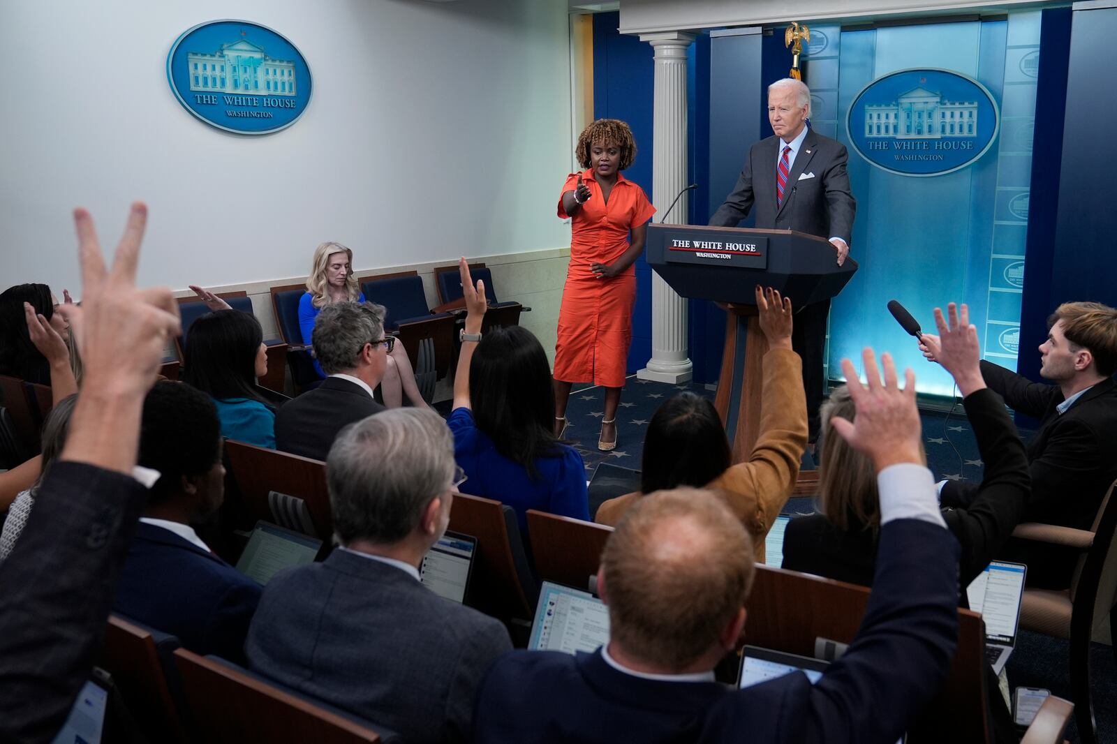 White House press secretary Karine Jean-Pierre calls on a reporter as President Joe Biden makes a surprise appearance to take questions during the daily briefing at the White House in Washington, Friday, Oct. 4, 2024. (AP Photo/Susan Walsh)