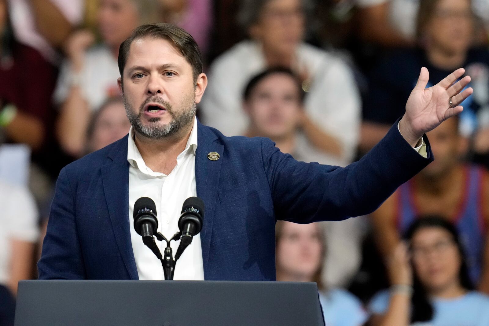 FILE - Rep. Ruben Gallego, D-Ariz., speaks before Democratic presidential nominee Vice President Kamala Harris and Democratic vice presidential nominee Minnesota Gov. Tim Walz at a campaign rally at Desert Diamond Arena, Friday, Aug. 9, 2024, in Glendale, Ariz. (AP Photo/Ross D. Franklin, File)