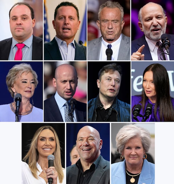 This combination photo of President-elect Donald Trump's longtime friends, aides and allies shows Boris Epshteyn, from top row left, Richard Grenell, Robert F. Kennedy Jr., Howard Lutnick, from center row left, Linda McMahon, Stephen Miller, Elon Musk, Brooke Rollins and from bottom row left Lara Trump, Dana White and Susie Wiles. (AP Photo)