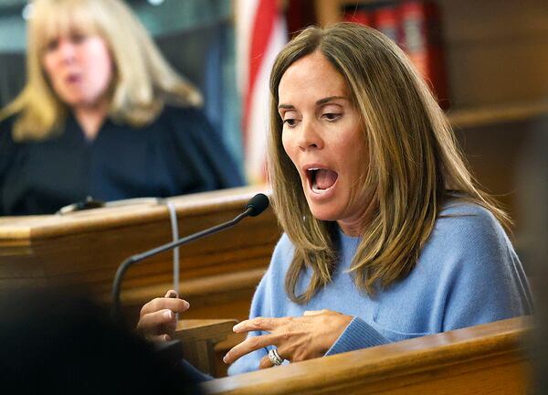 Witness Jennifer McCabe reacts to defense attorney Alan Jackson's cross examination during Karen Read's murder trial in Norfolk Superior Court in Dedham, Mass., Wednesday, April 30, 2025. (Greg Derr/The Patriot Ledger via AP, Pool)
