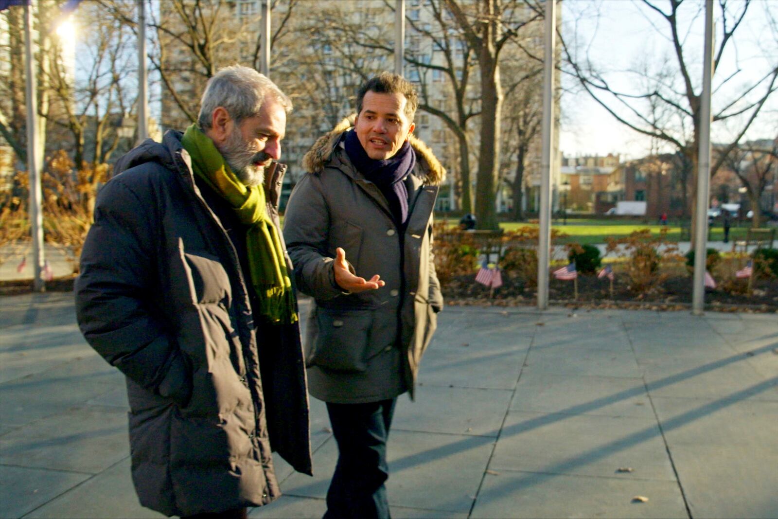 This image released by PBS shows actor/host John Leguizamo, right, with Barnard College professor José Moya in New York during the filming of the series "VOCES American Historia: The Untold History of Latinos." (NGL Studios/PBS via AP)