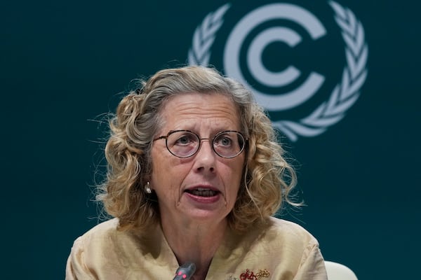 Inger Anderson, Executive Director UNEP, speaks during a session at the COP29 U.N. Climate Summit, Friday, Nov. 15, 2024, in Baku, Azerbaijan. (AP Photo/Rafiq Maqbool)