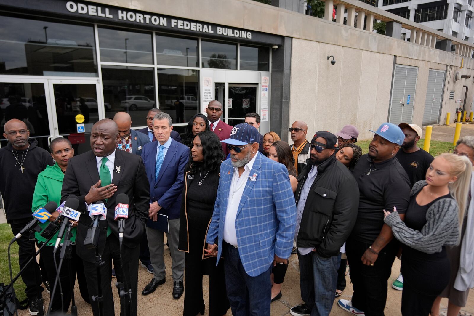 Attorney Ben Crump, third from left, speaks during a news conference the federal courthouse during the trial in the Tyre Nichols case Wednesday, Sept. 25, 2024, in Memphis, Tenn. (AP Photo/George Walker IV)