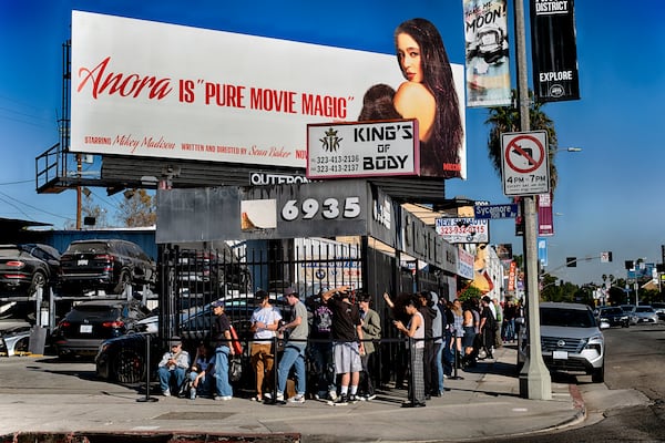 Anora movie fans line up at a merchandise Pop-Up event for recently released film Anora on Saturday, Nov. 9, 2024 in Los Angeles. (AP Photo/Richard Vogel)