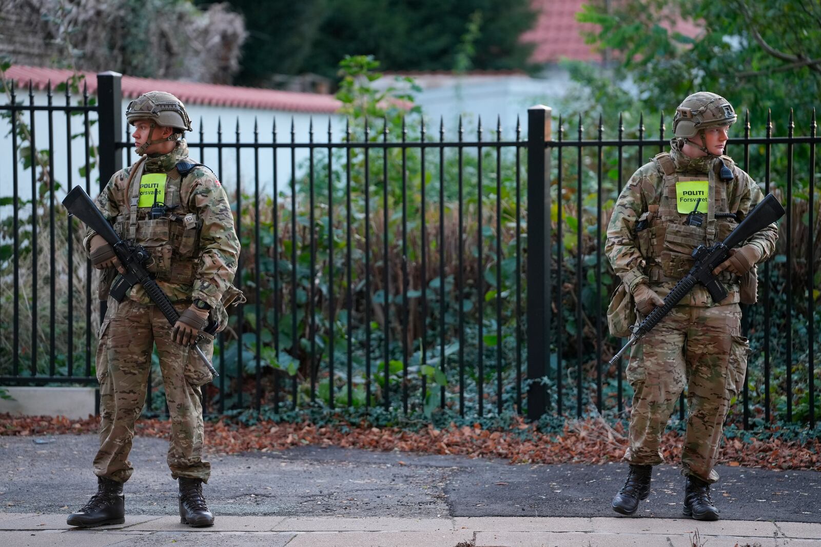 Military police officers stand guard as police investigate two explosions near the Israeli embassy in Copenhagen, Wednesday, Oct. 2, 2024. (Emil Nicolai Helms/Ritzau Scanpix via AP)