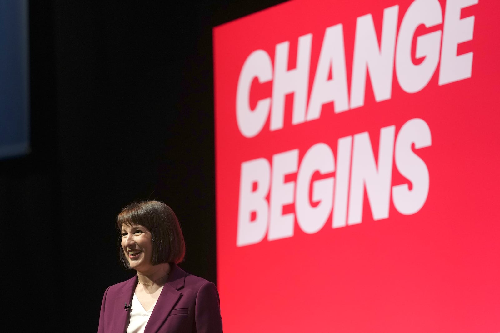 Britain's Chancellor of the Exchequer Rachel Reeves smiles after her speech during the Labour Party Conference in Liverpool, England, Monday, Sept. 23, 2024.(AP Photo/Jon Super)