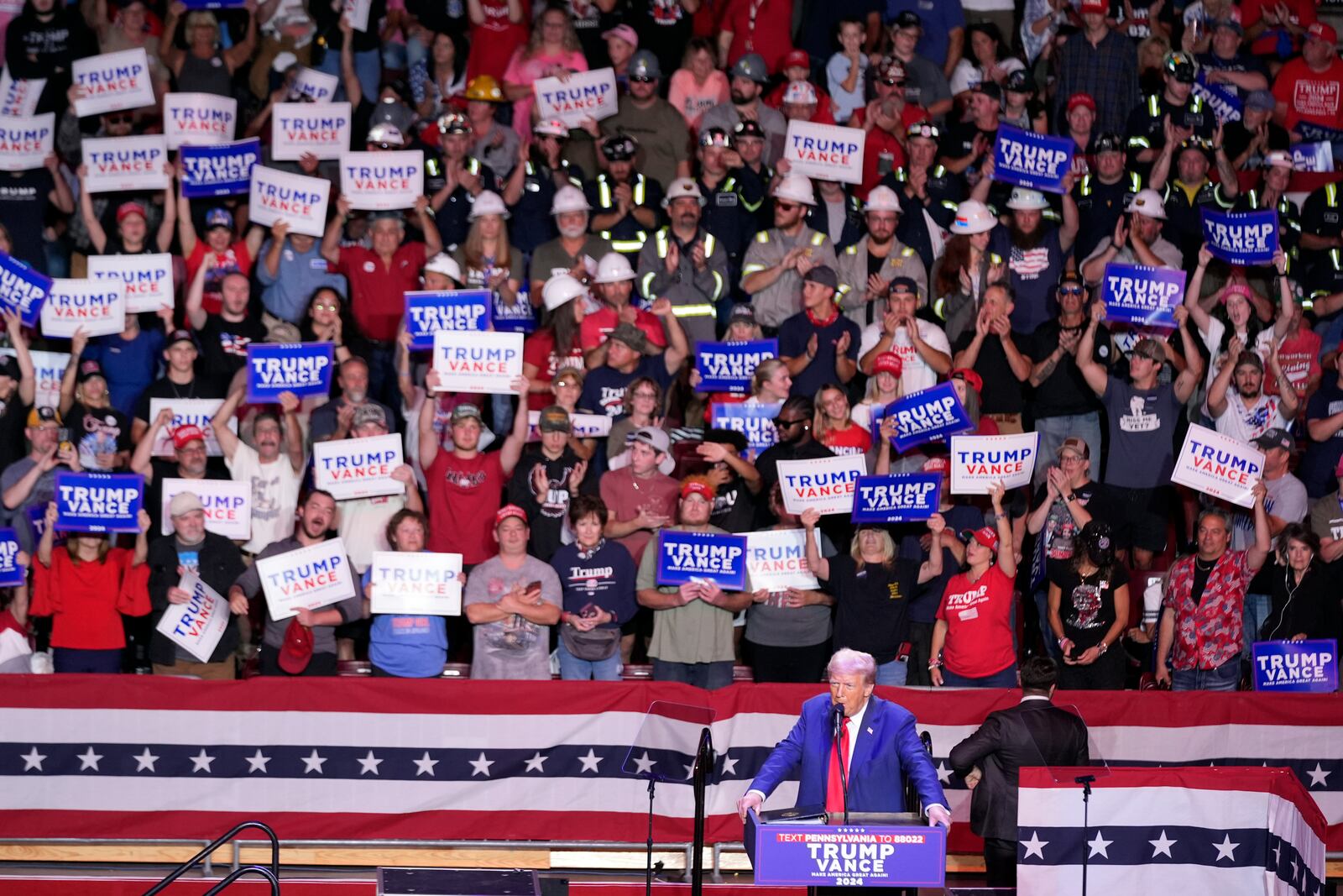 Republican presidential nominee former President Donald Trump speaks at a campaign event at the Indiana University of Pennsylvania Ed Fry Arena, Monday, Sept. 23, 2024, in Indiana, Pa. (AP Photo/Alex Brandon)