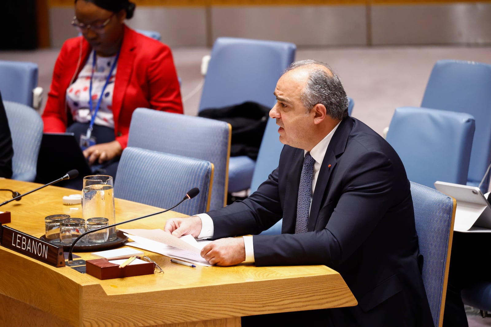 Hadi Hachem UN representative for Lebanon speaks during a United Nations Security Council meeting on the situation in the Middle East, including the Palestinian question at U.N. headquarters, Tuesday, Oct. 29, 2024. (AP Photo/Kena Betacur)