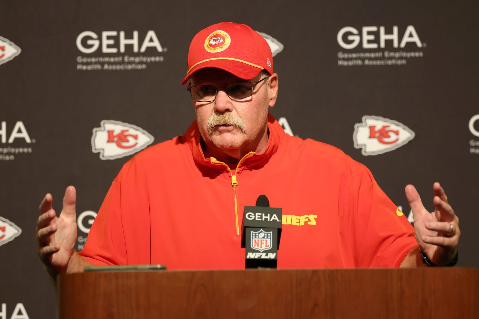 Kansas City Chiefs head coach Andy Reid speaks at a news conference after an NFL football game against the San Francisco 49ers in Santa Clara, Calif., Sunday, Oct. 20, 2024. (AP Photo/Jed Jacobsohn)