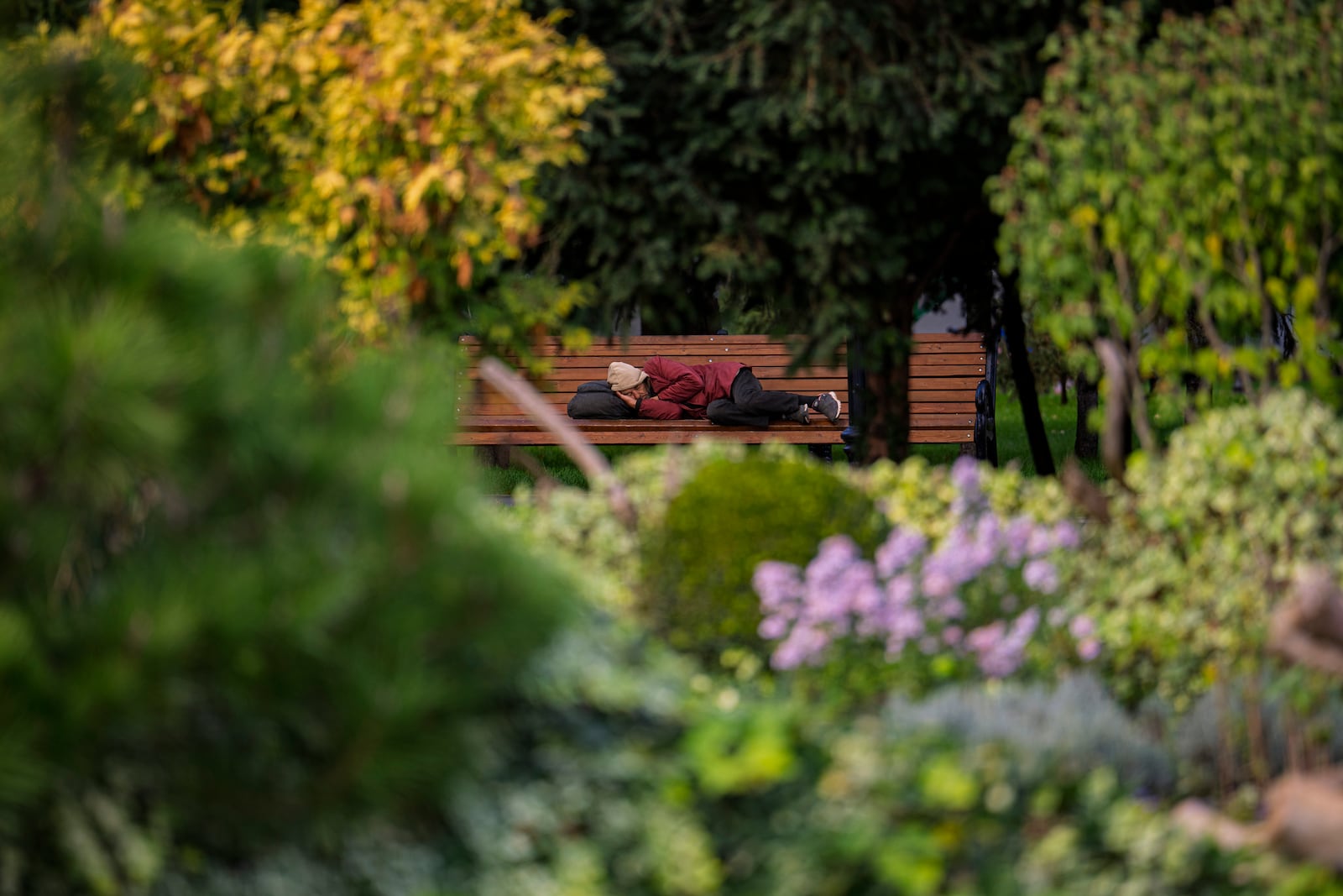 A man sleeps on a bench in a park in Chisinau, Moldova, Friday, Oct. 18, 2024, two days before a presidential election and a referendum on whether to enshrine in Moldova's Constitution its path to European Union membership. (AP Photo/Vadim Ghirda)