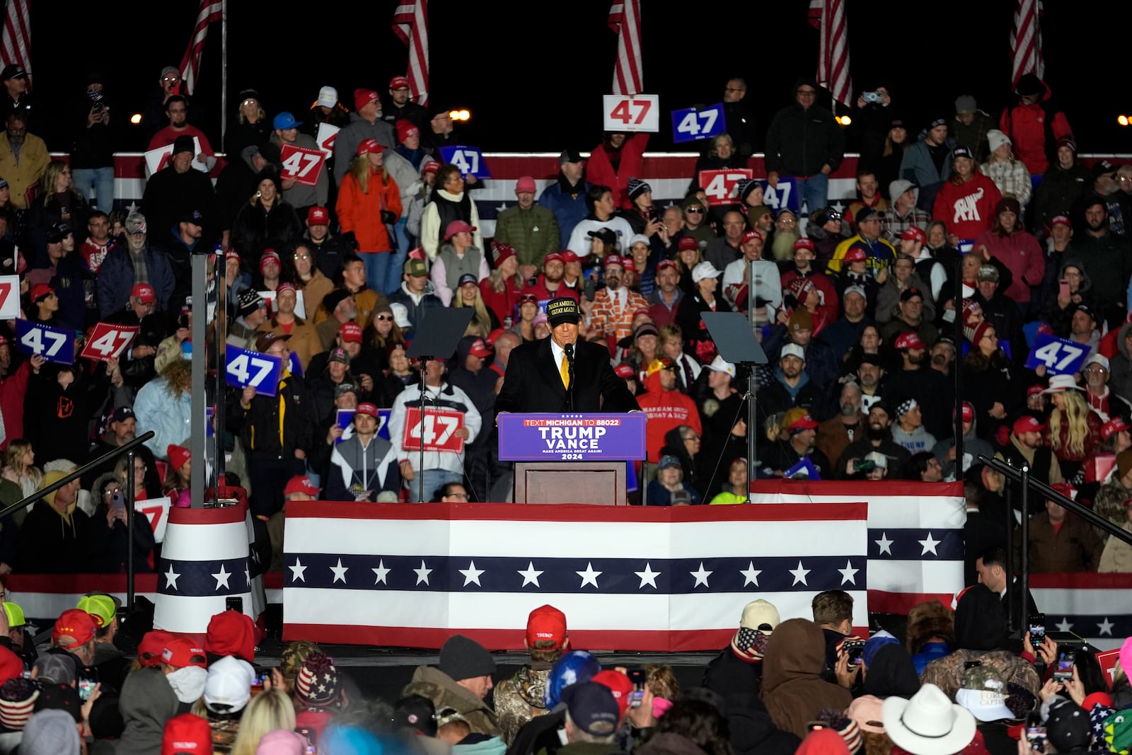 Republican presidential nominee former President Donald Trump speaks at a campaign event Friday, Oct. 25, 2024, in Traverse City, Mich. (AP Photo/Paul Sancya)