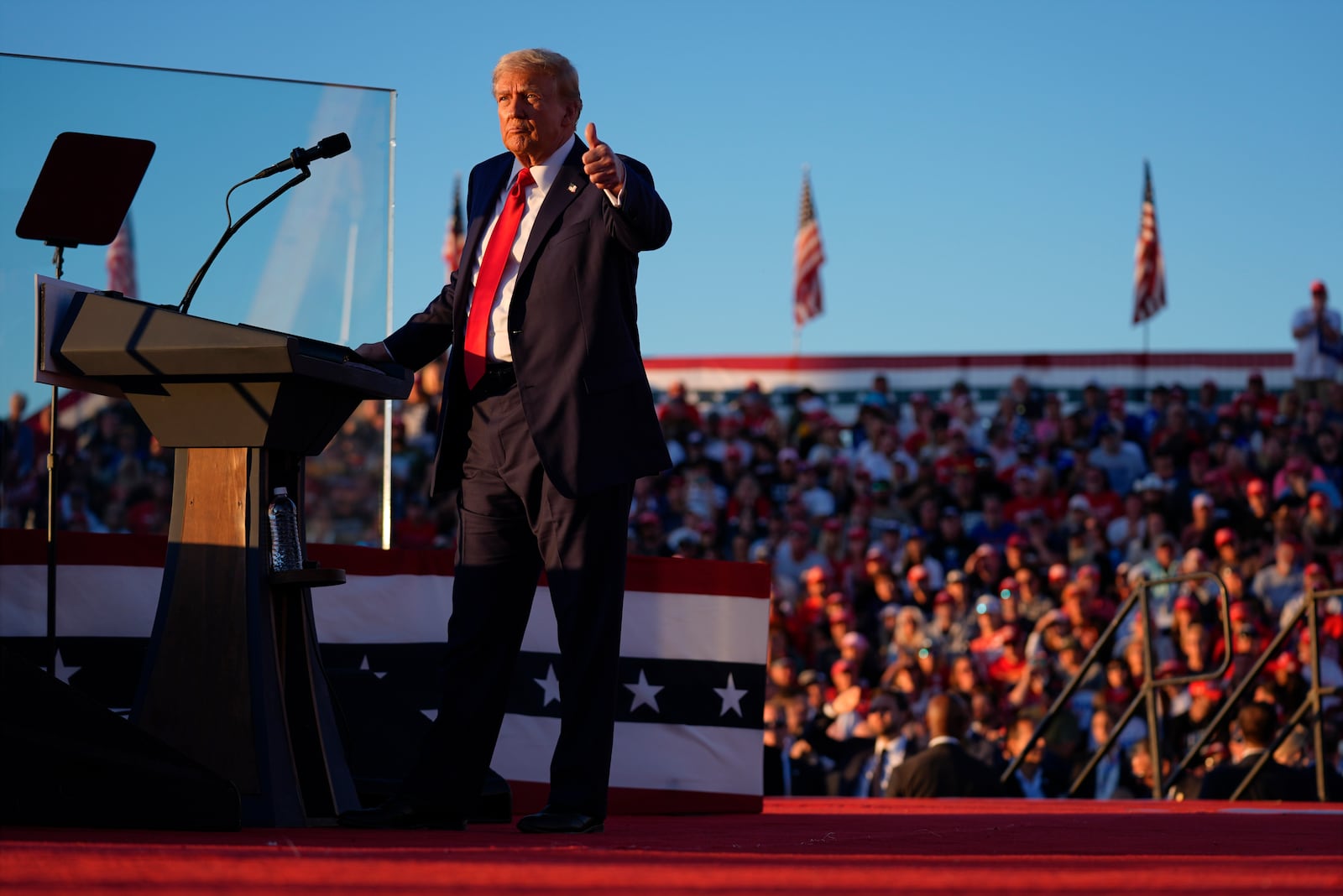 Republican presidential nominee former President Donald Trump gestures at a campaign rally at the Butler Farm Show, Saturday, Oct. 5, 2024, in Butler, Pa. (AP Photo/Evan Vucci)