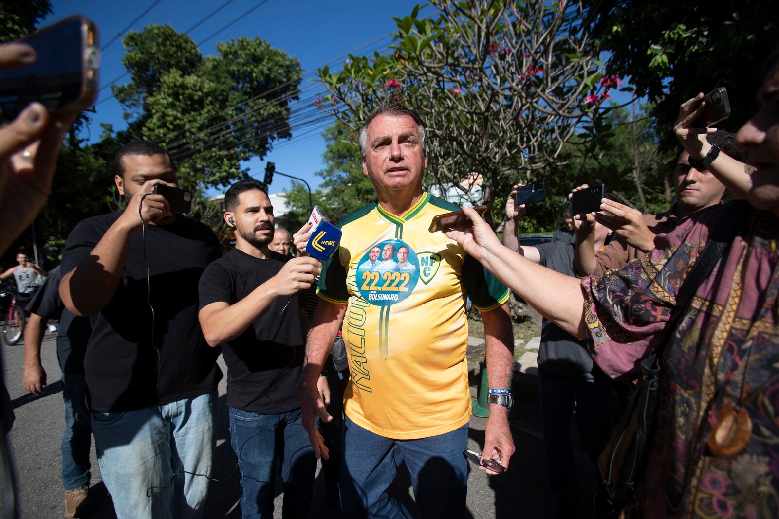 Former President Jair Bolsonaro campaigns for Rio de Janeiro mayoral candidate Alexandre Ramagem, not pictured, of the Liberal Party, during municipal elections in Rio de Janeiro, Sunday, Oct. 6, 2024. (AP Photo/Bruna Prado)