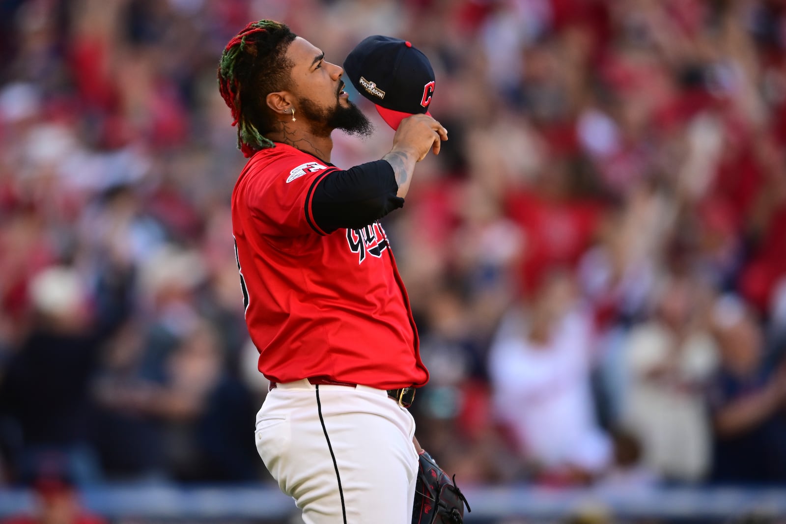 Cleveland Guardians' Emmanuel Clase gestures after the Cleveland Guardians defeated the Detroit Tigers in Game 1 of baseball's AL Division Series, Saturday, Oct. 5, 2024, in Cleveland. (AP Photo/David Dermer)