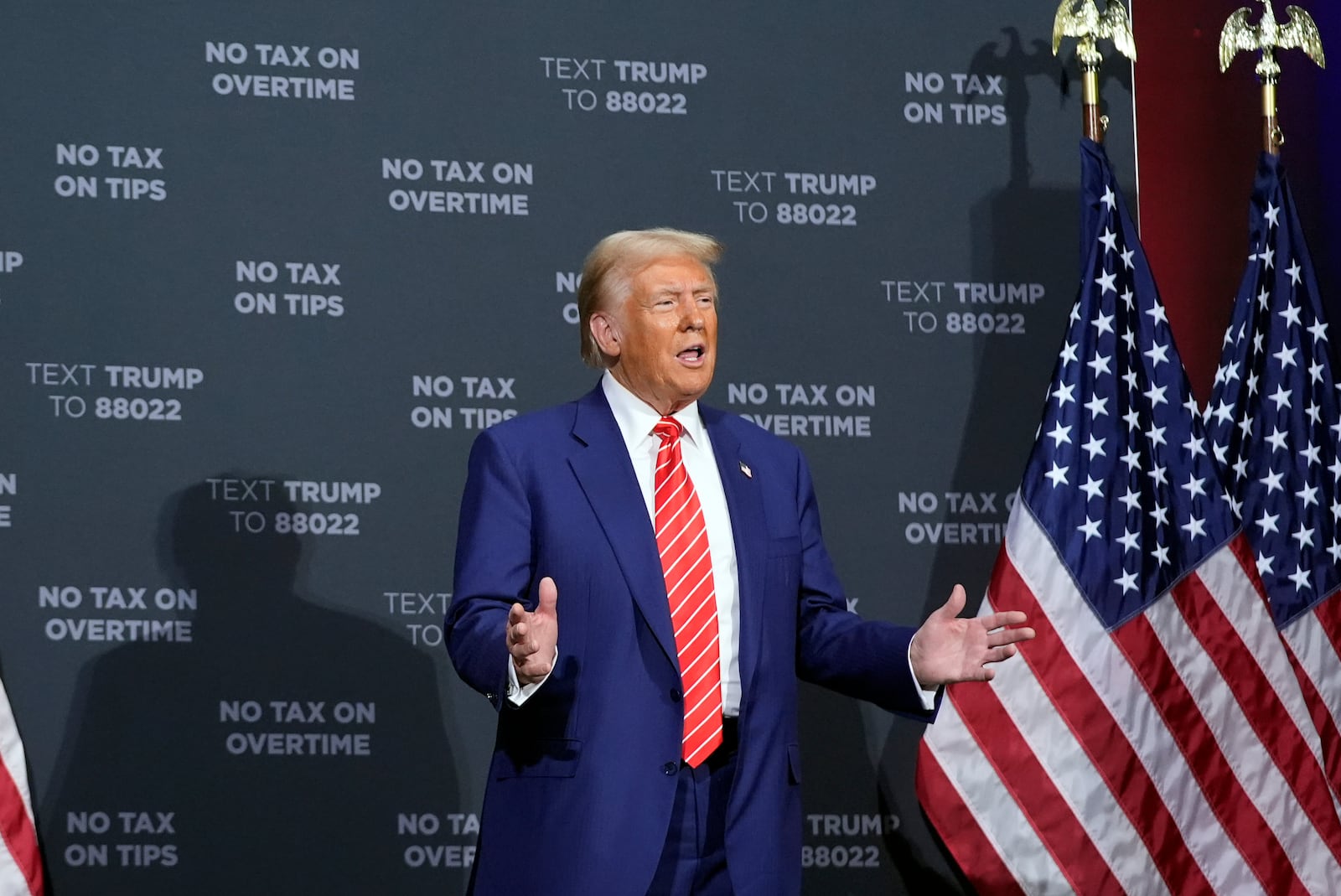 Republican presidential nominee former President Donald Trump arrives at a campaign event at the Cobb Energy Performing Arts Centre, Tuesday, Oct. 15, 2024, in Atlanta. (AP Photo/Alex Brandon)