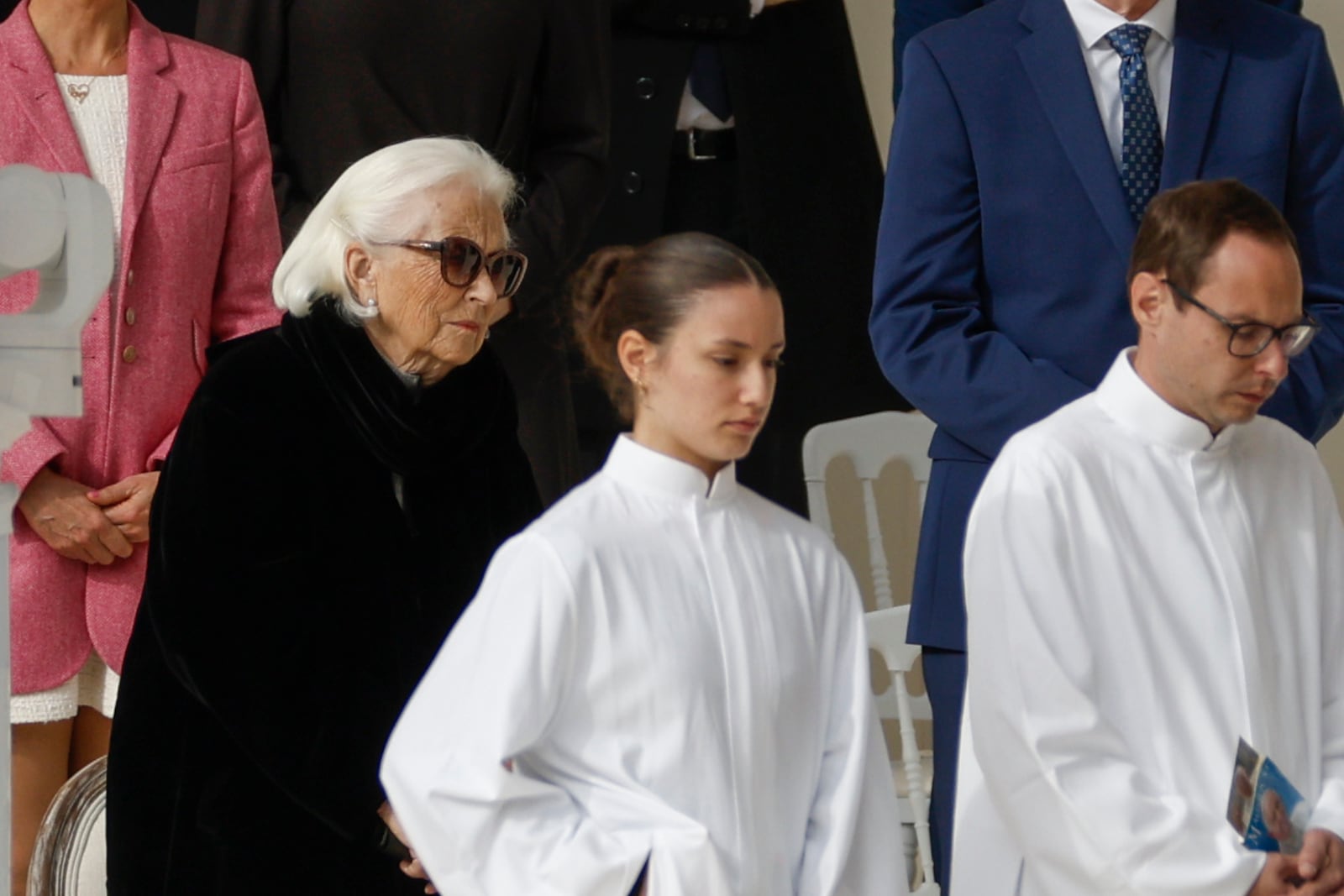 Queen Paola, mother of Queen Mathilde listens Pope Francis as he presides the holy mass , at the King Baudouin stadium in Brussels, Belgium, Sunday, Sept. 29, 2024. (AP Photo/Omar Havana)