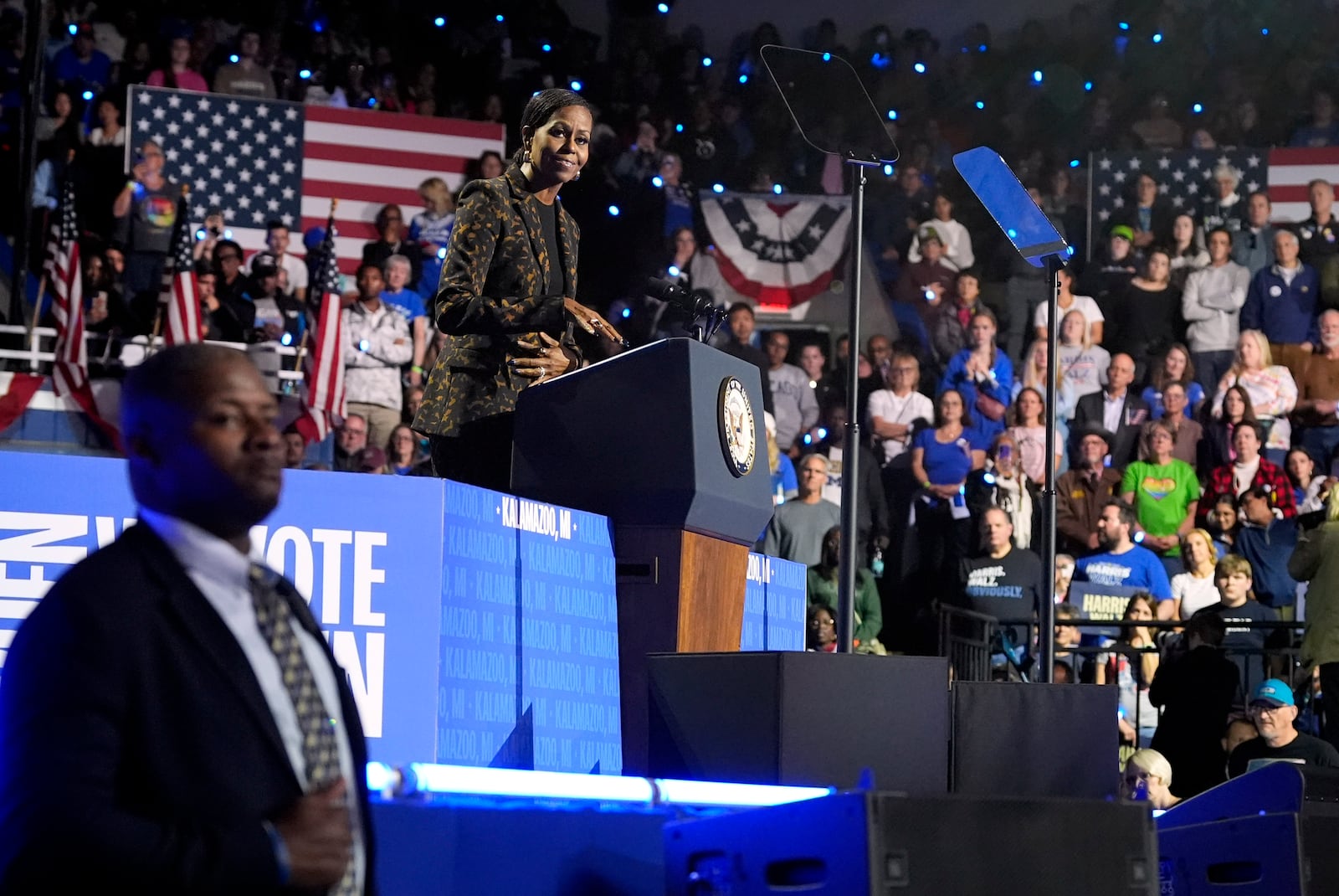 Former first lady Michelle Obama speaks at a campaign rally for democratic presidential nominee Vice President Kamala Harris at the Wings Event Center, in Kalamazoo, Mich., Saturday, Oct. 26, 2024.(AP Photo/Jacquelyn Martin)