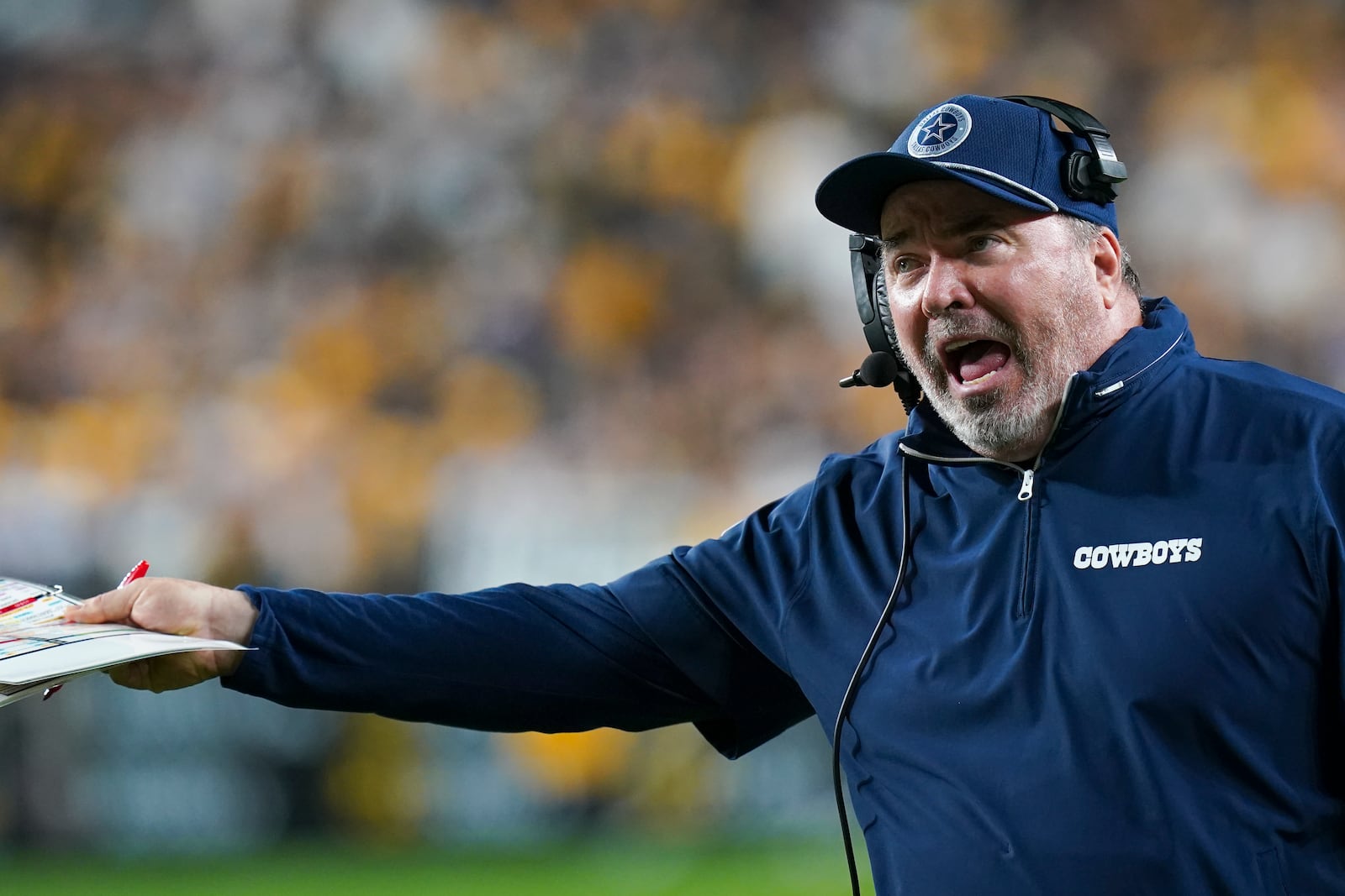 Dallas Cowboys head coach Mike McCarthy reacts during the second half of an NFL football game against the Pittsburgh Steelers, early Monday, Oct. 7, 2024, in Pittsburgh. The Cowboys won 20-17. (AP Photo/Matt Freed)