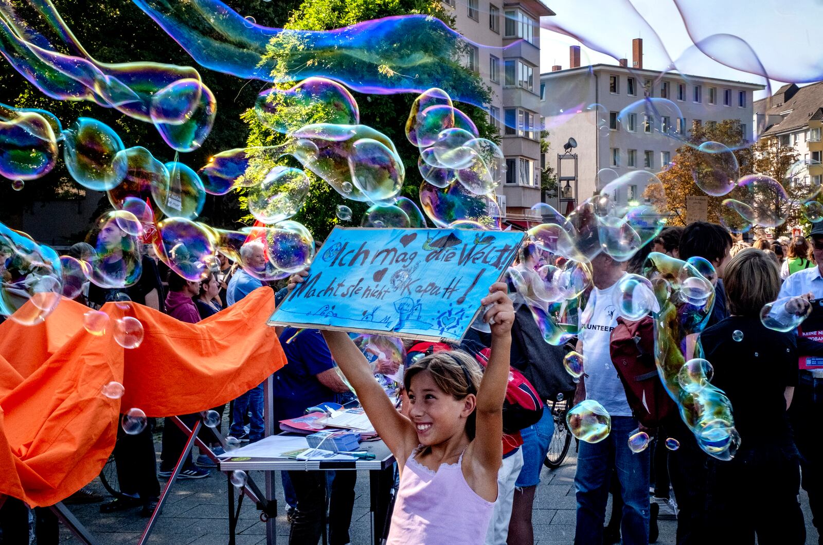 A girl takes part in a Fridays for Future protest in Frankfurt, Germany, Friday, Sept. 20, 2024. (AP Photo/Michael Probst)